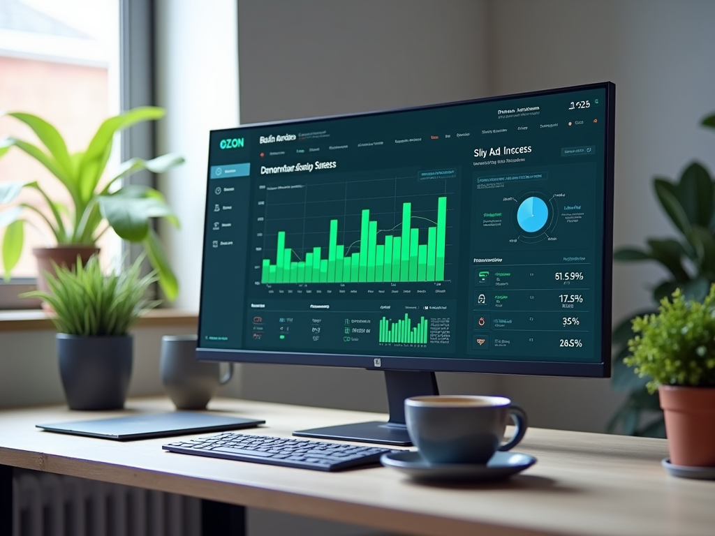 Монитор на столе с отображением графиков производительности и аналитики, рядом чашка кофе и растения.