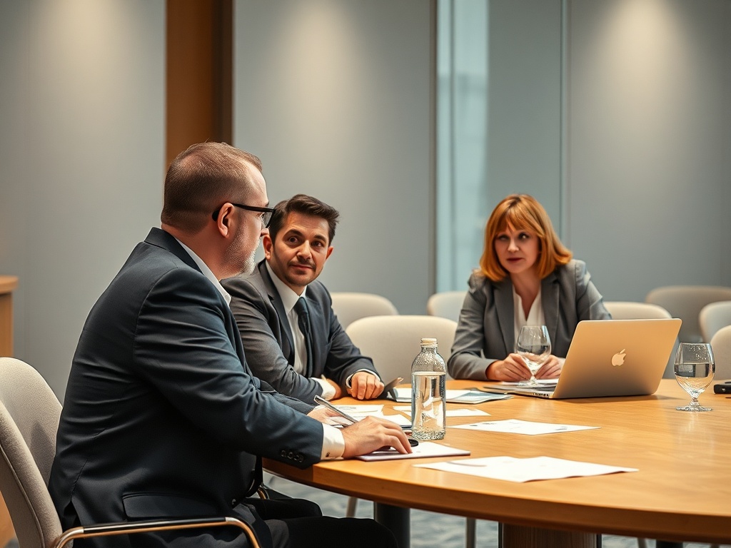 На встрече в офисе трое людей обсуждают документы и идеи за круглым столом. На столе вода и ноутбук.