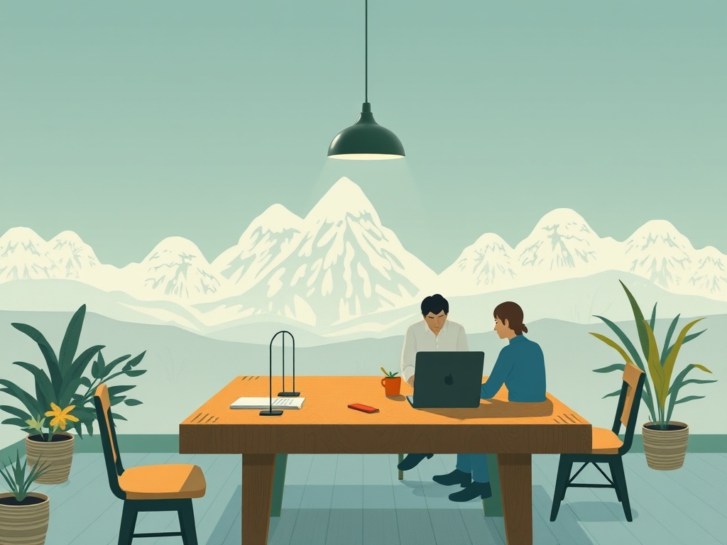 Два человека работают за столом в офисе с видом на горы. Растения украшают пространство.