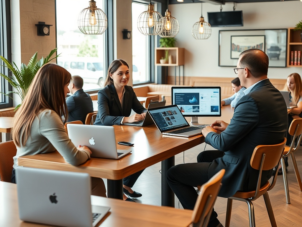 Группа людей обсуждает идеи за столом в современном офисном пространстве с ноутбуками.