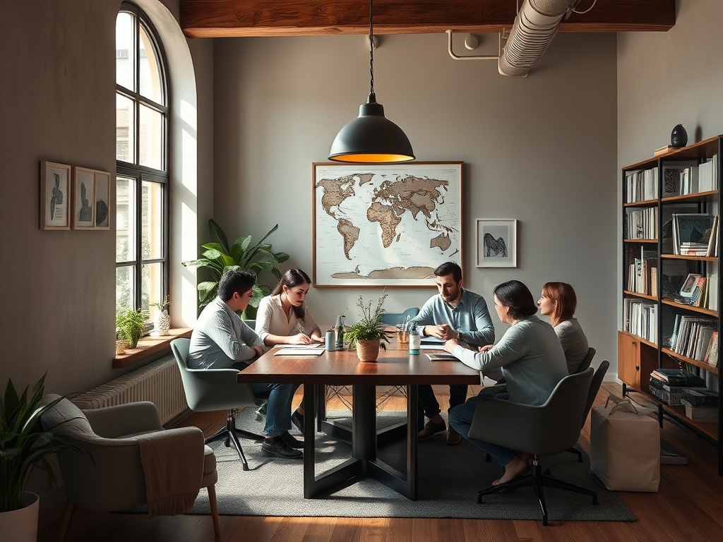 В офисе пять человек обсуждают идеи за столом, на стене карта мира и книги в шкафу.