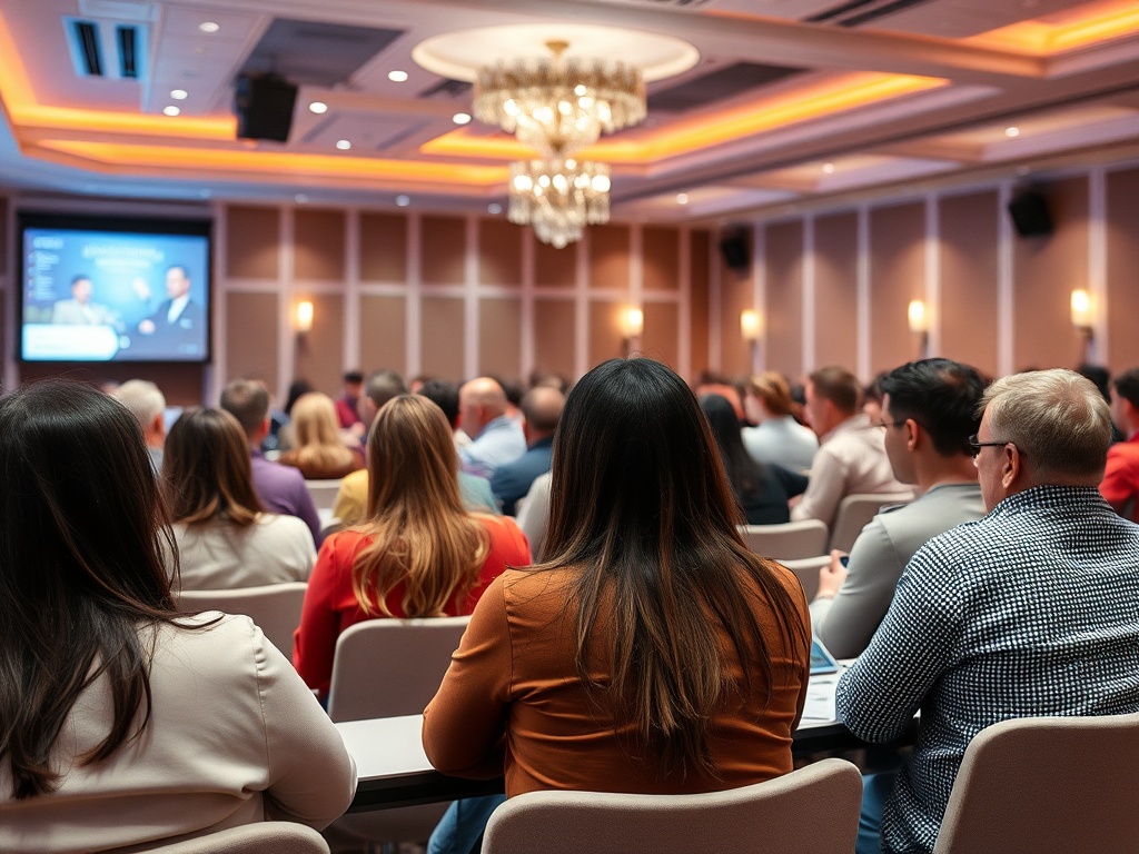Аudience at a conference, listening to a presentation in a well-lit hall with a screen in the background.