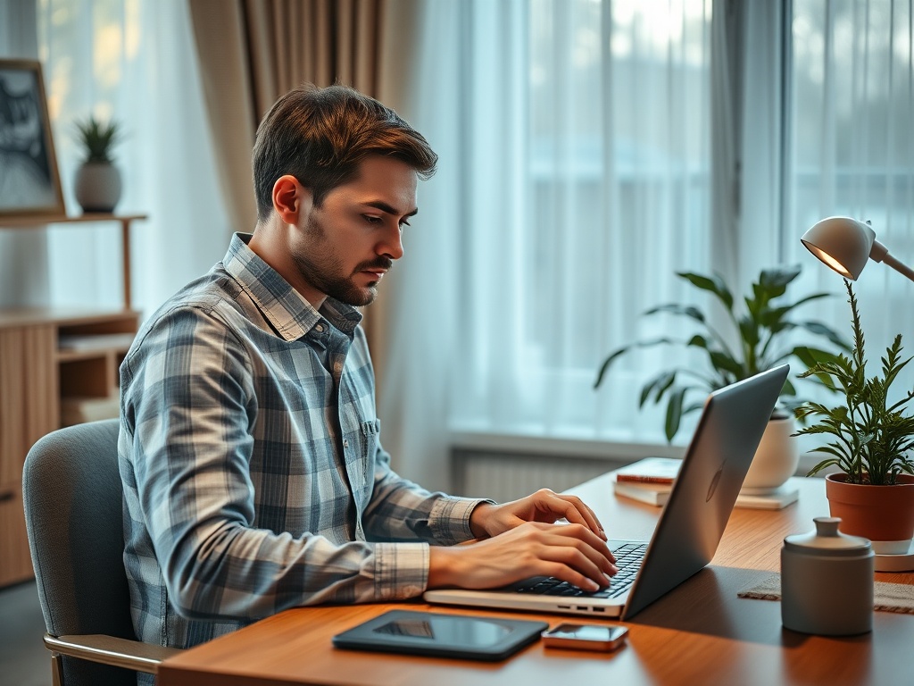 Молодой человек работает за столом на ноутбуке, вокруг растения и аксессуары. Светлое время суток.