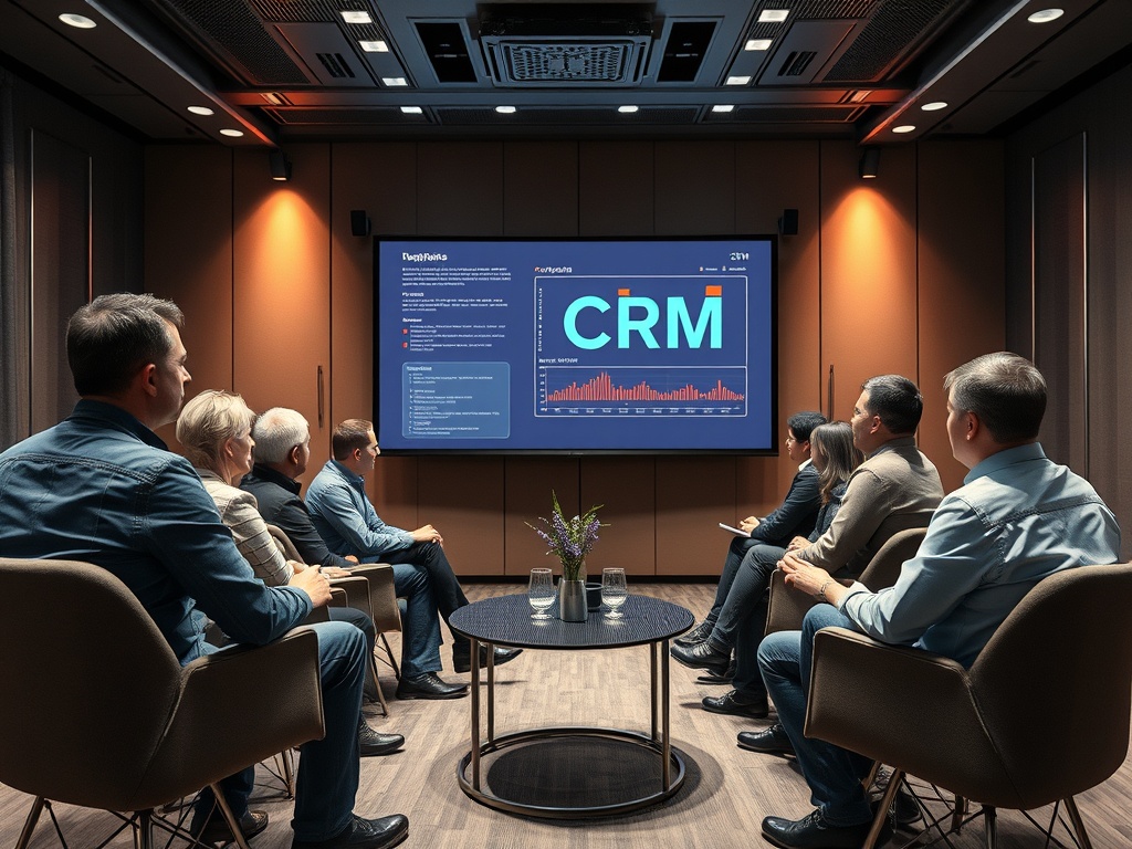 Группа людей на встрече, обсуждающих данные о CRM, представленные на экране. Современный офисный интерьер.