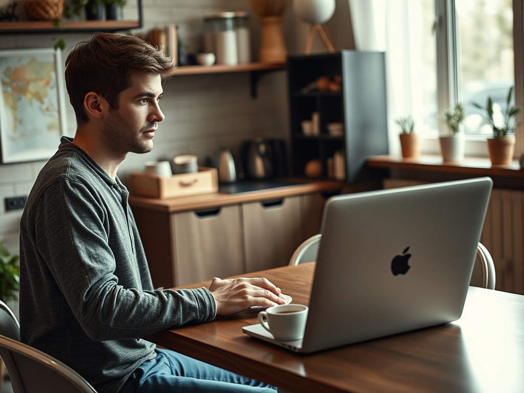 Молодой человек работает за столом с ноутбуком, рядом чашка кофе и стильный интерьер.